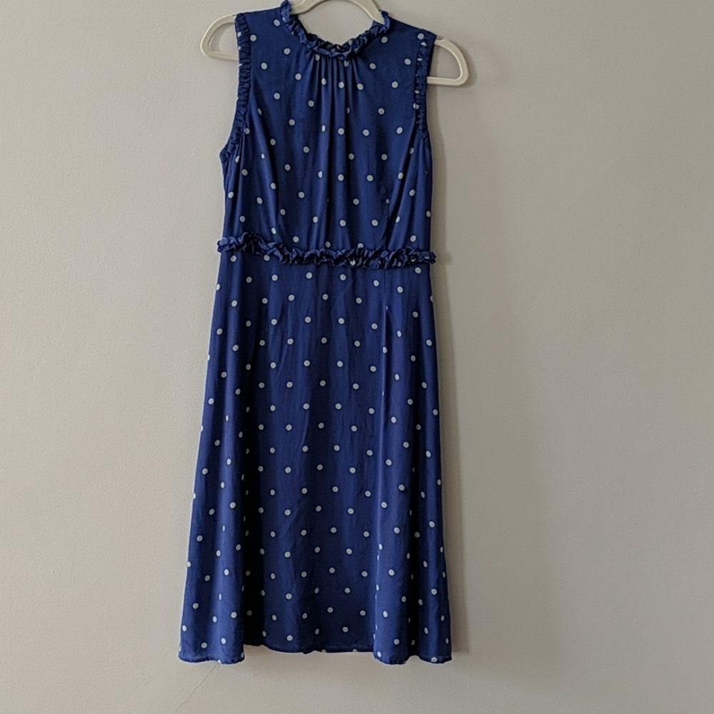 Blue dress with cream polka dots